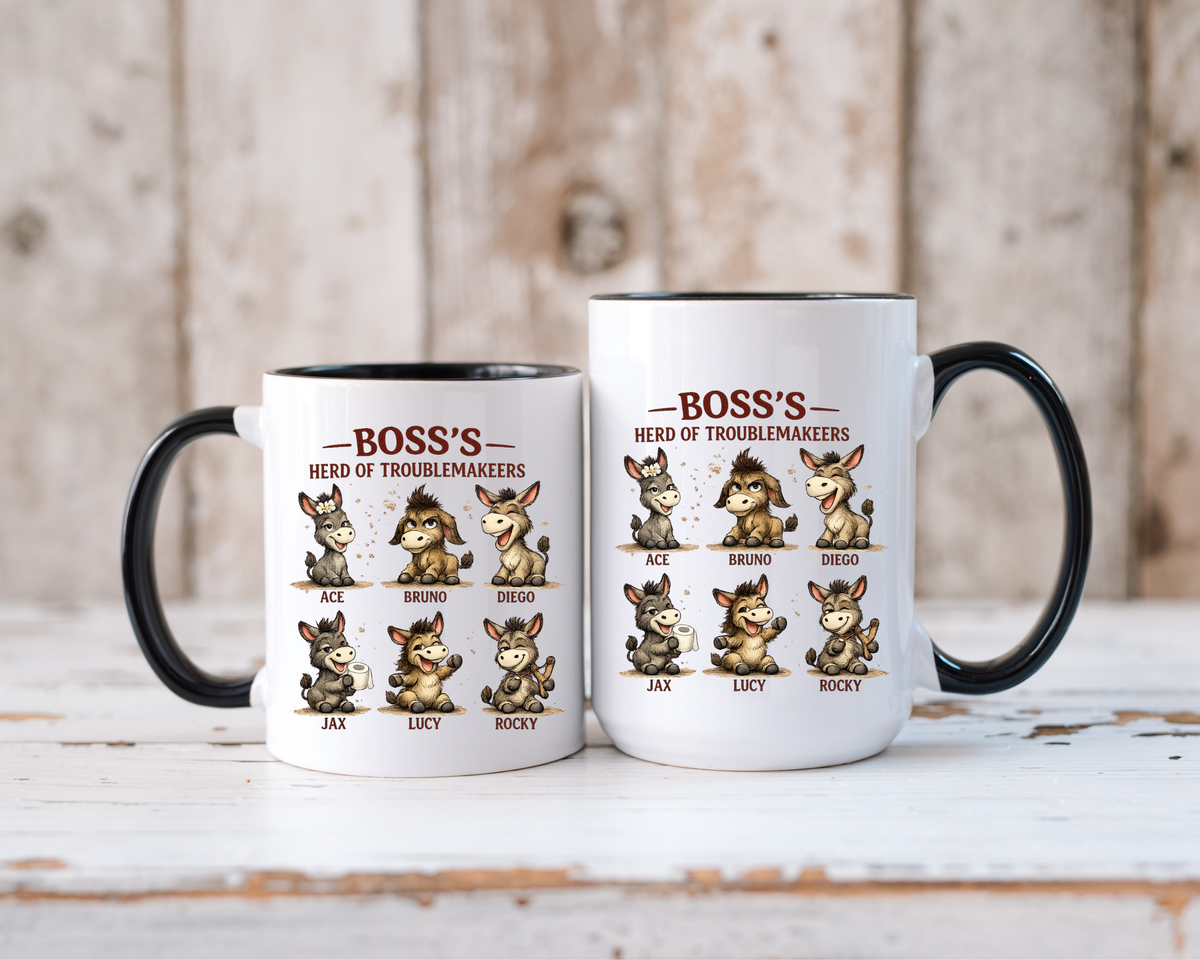 Boss's Guide to Troubleshooting Coffee Mug, Funny Office Joke Gift for Coworkers, Sarcastic Donkey Jackass Ceramic Tea Cup with Dark Blue Handle