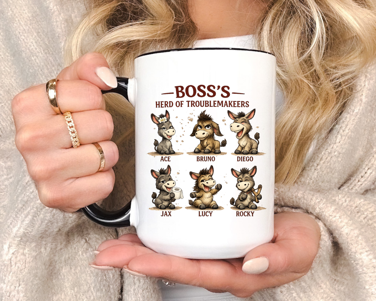 Boss's Guide to Troubleshooting Coffee Mug, Funny Office Joke Gift for Coworkers, Sarcastic Donkey Jackass Ceramic Tea Cup with Dark Blue Handle