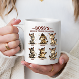 Boss's Guide to Troubleshooting Coffee Mug, Funny Office Joke Gift for Coworkers, Sarcastic Donkey Jackass Ceramic Tea Cup with Dark Blue Handle