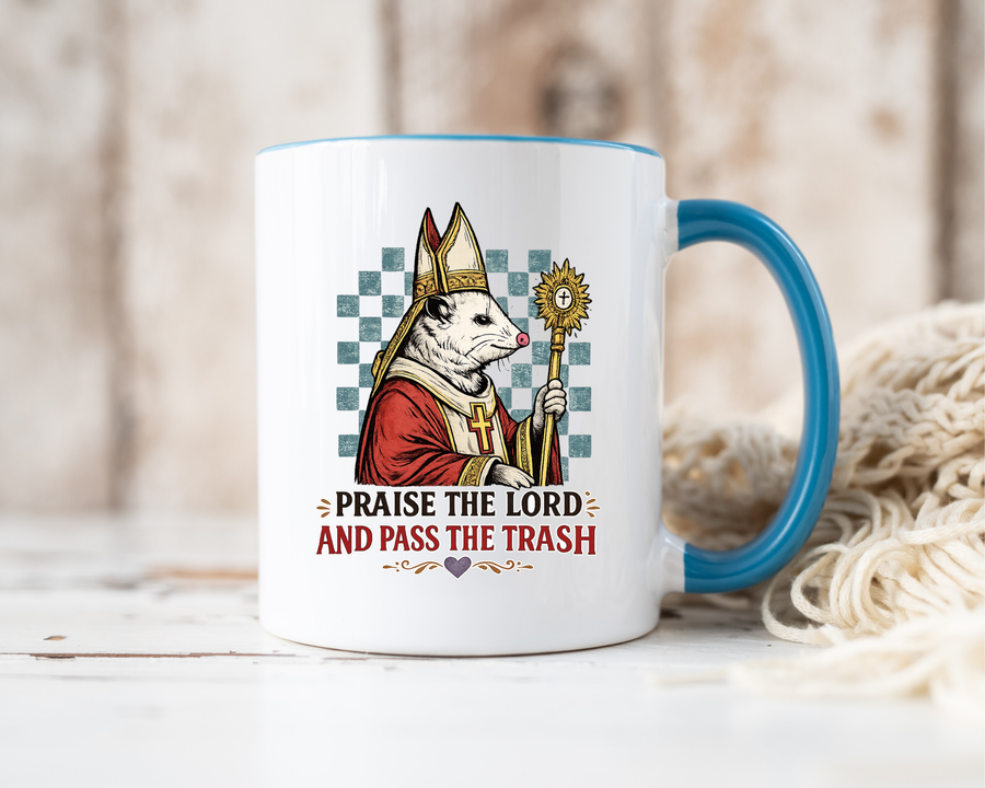 Praise the Lord and Pass the Trash Coffee Mug, Funny Opossum Pope Gift for Friends, Sarcastic Christian Possum Ceramic Tea Cup with Black Handle