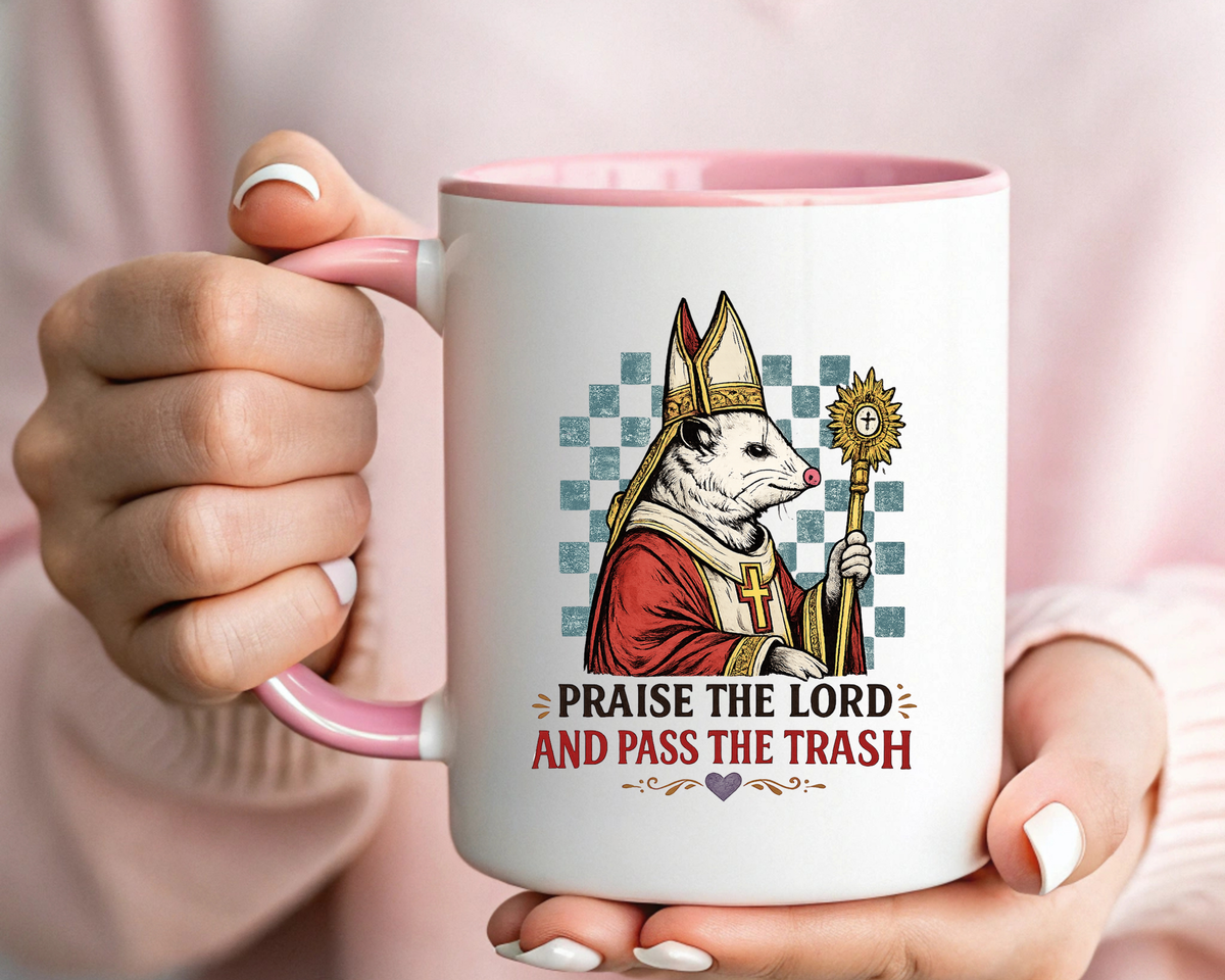 Praise the Lord and Pass the Trash Coffee Mug, Funny Opossum Pope Gift for Friends, Sarcastic Christian Possum Ceramic Tea Cup with Black Handle