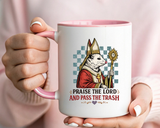 Praise the Lord and Pass the Trash Coffee Mug, Funny Opossum Pope Gift for Friends, Sarcastic Christian Possum Ceramic Tea Cup with Black Handle
