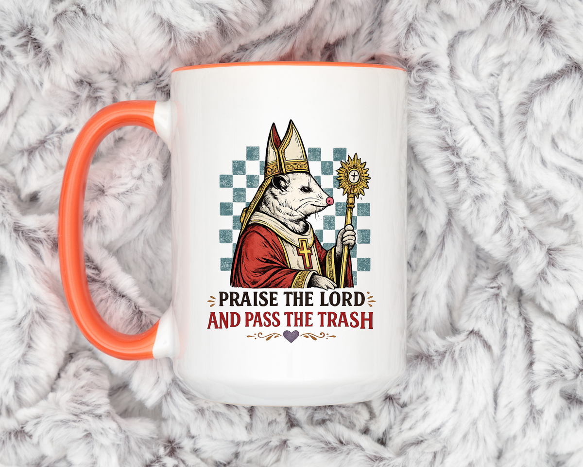 Praise the Lord and Pass the Trash Coffee Mug, Funny Opossum Pope Gift for Friends, Sarcastic Christian Possum Ceramic Tea Cup with Black Handle