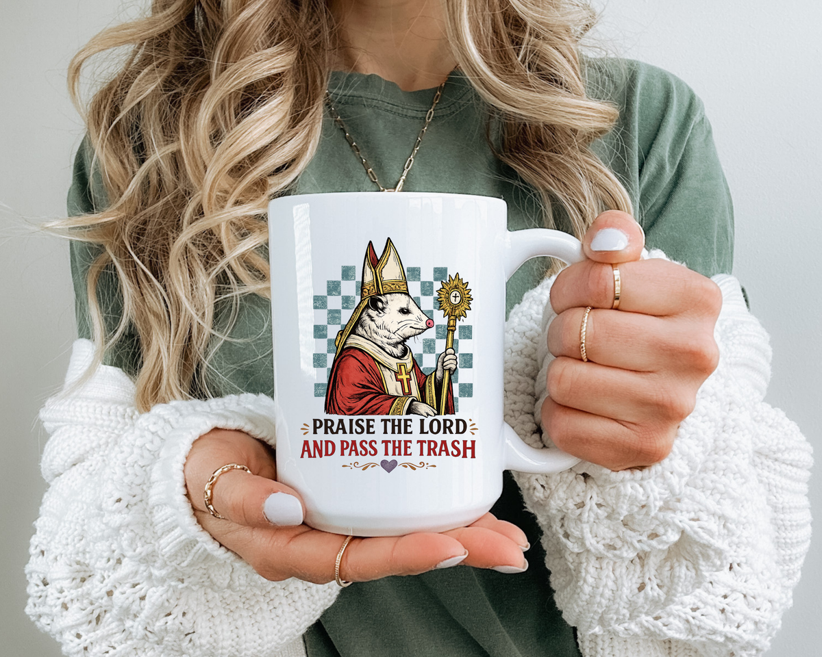 Praise the Lord and Pass the Trash Coffee Mug, Funny Opossum Pope Gift for Friends, Sarcastic Christian Possum Ceramic Tea Cup with Black Handle
