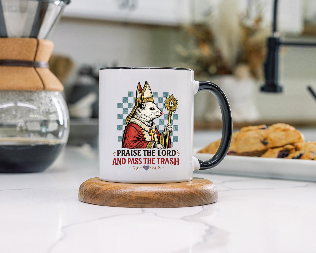 Praise the Lord and Pass the Trash Coffee Mug, Funny Opossum Pope Gift for Friends, Sarcastic Christian Possum Ceramic Tea Cup with Black Handle
