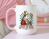 Praise the Lord and Pass the Trash Coffee Mug, Funny Opossum Pope Gift for Friends, Sarcastic Christian Possum Ceramic Tea Cup with Black Handle