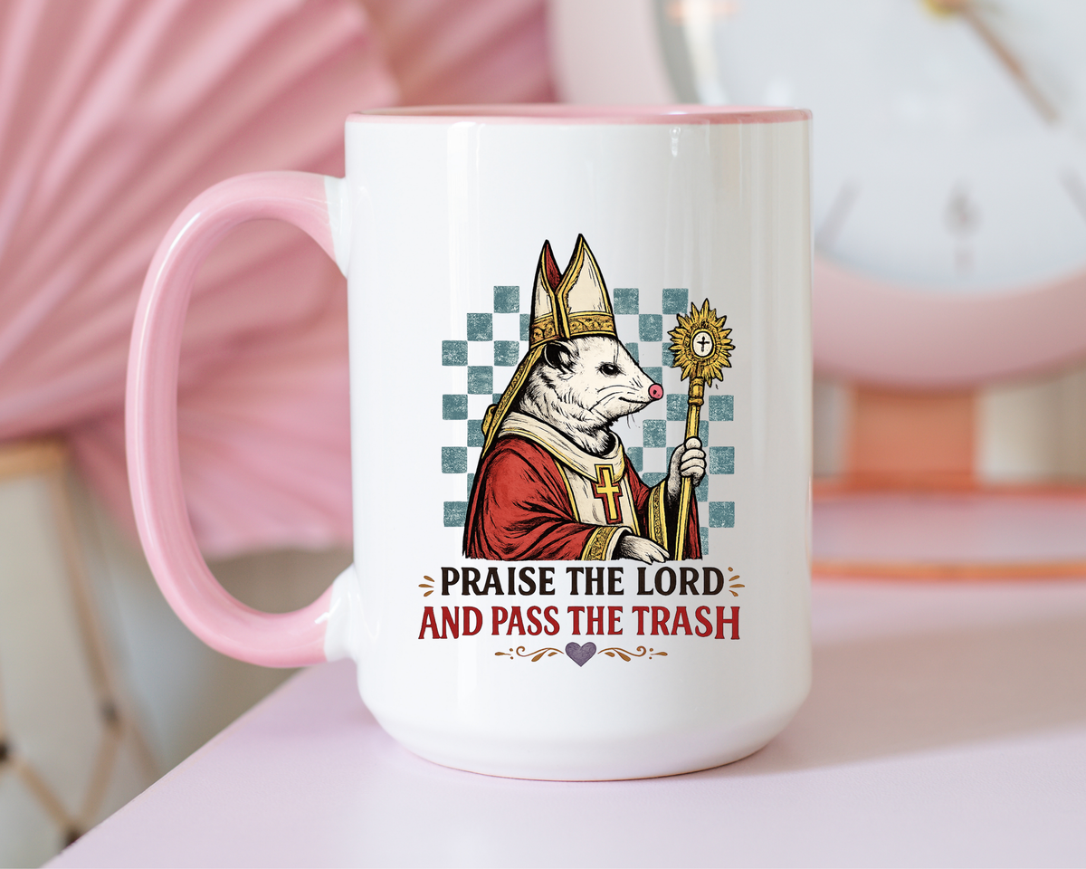 Praise the Lord and Pass the Trash Coffee Mug, Funny Opossum Pope Gift for Friends, Sarcastic Christian Possum Ceramic Tea Cup with Black Handle