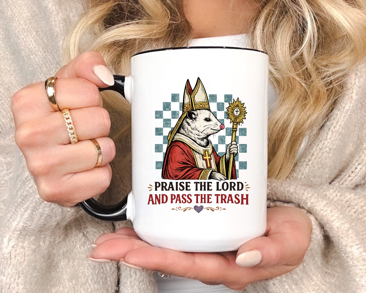Praise the Lord and Pass the Trash Coffee Mug, Funny Opossum Pope Gift for Friends, Sarcastic Christian Possum Ceramic Tea Cup with Black Handle
