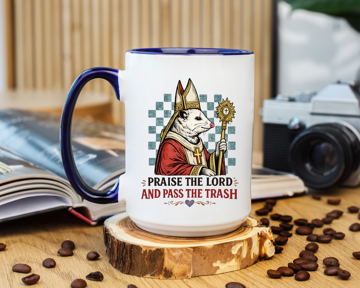 Praise the Lord and Pass the Trash Coffee Mug, Funny Opossum Pope Gift for Friends, Sarcastic Christian Possum Ceramic Tea Cup with Black Handle