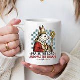 Praise the Lord and Pass the Trash Coffee Mug, Funny Opossum Pope Gift for Friends, Sarcastic Christian Possum Ceramic Tea Cup with Black Handle