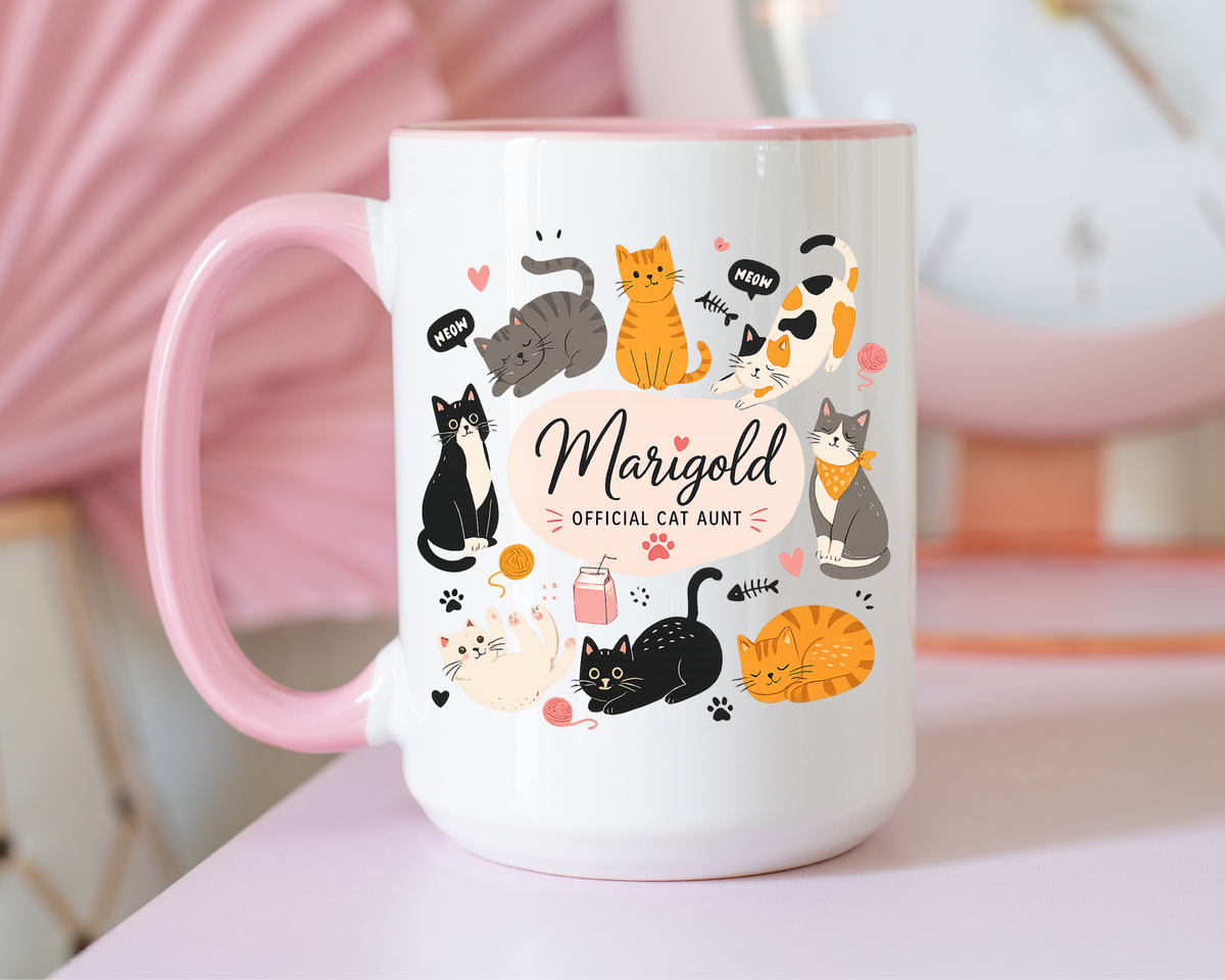 Personalized Cat Aunt Coffee Mug, Custom Cat Mom Style Mug with Name, Official Cat Aunt Gift, Cat Lover Coffee Cup, Pet Owner Mug
