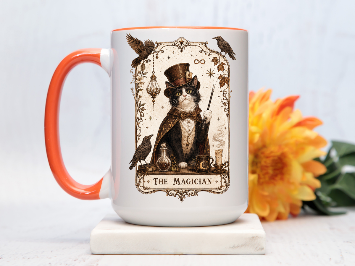 Black Cat Magician Tarot Coffee Mug, Mystic Cat Tarot Card Mug, The Magician Cat Cup, Witchy Gothic Gift for Cat Lovers