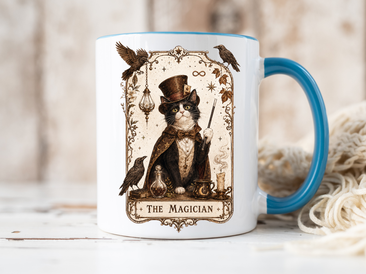 Black Cat Magician Tarot Coffee Mug, Mystic Cat Tarot Card Mug, The Magician Cat Cup, Witchy Gothic Gift for Cat Lovers