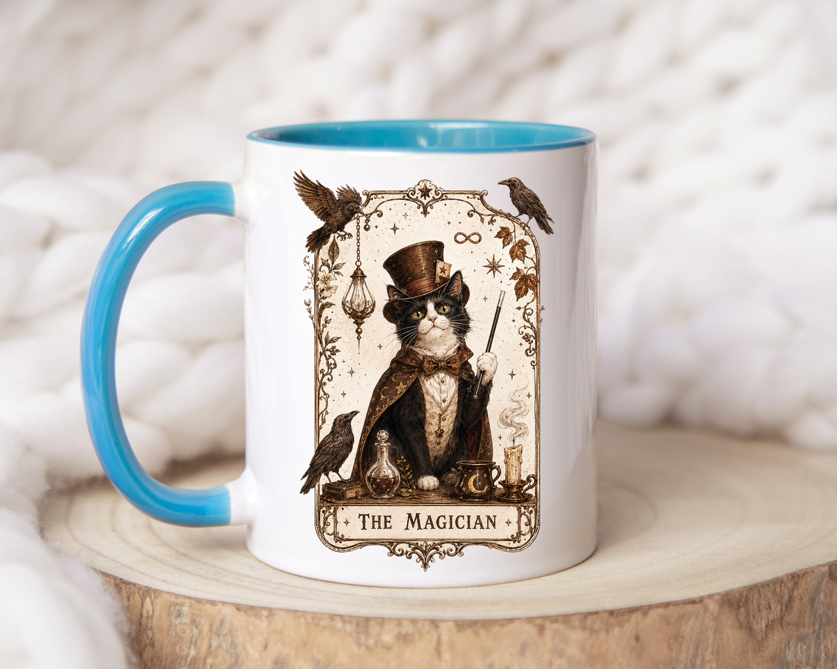 Black Cat Magician Tarot Coffee Mug, Mystic Cat Tarot Card Mug, The Magician Cat Cup, Witchy Gothic Gift for Cat Lovers