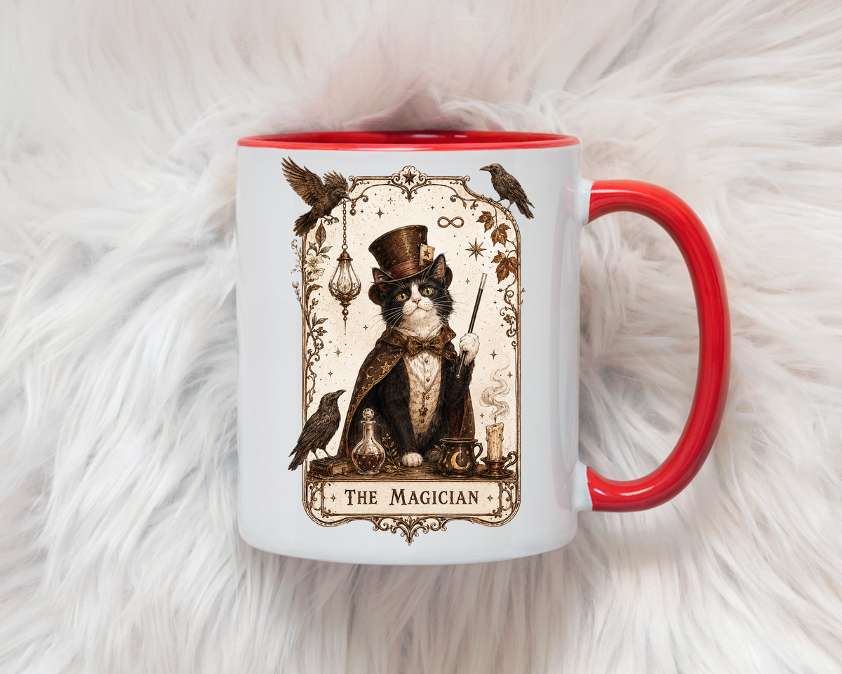 Black Cat Magician Tarot Coffee Mug, Mystic Cat Tarot Card Mug, The Magician Cat Cup, Witchy Gothic Gift for Cat Lovers