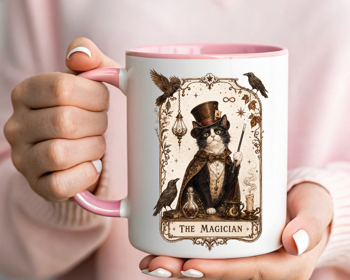 Black Cat Magician Tarot Coffee Mug, Mystic Cat Tarot Card Mug, The Magician Cat Cup, Witchy Gothic Gift for Cat Lovers