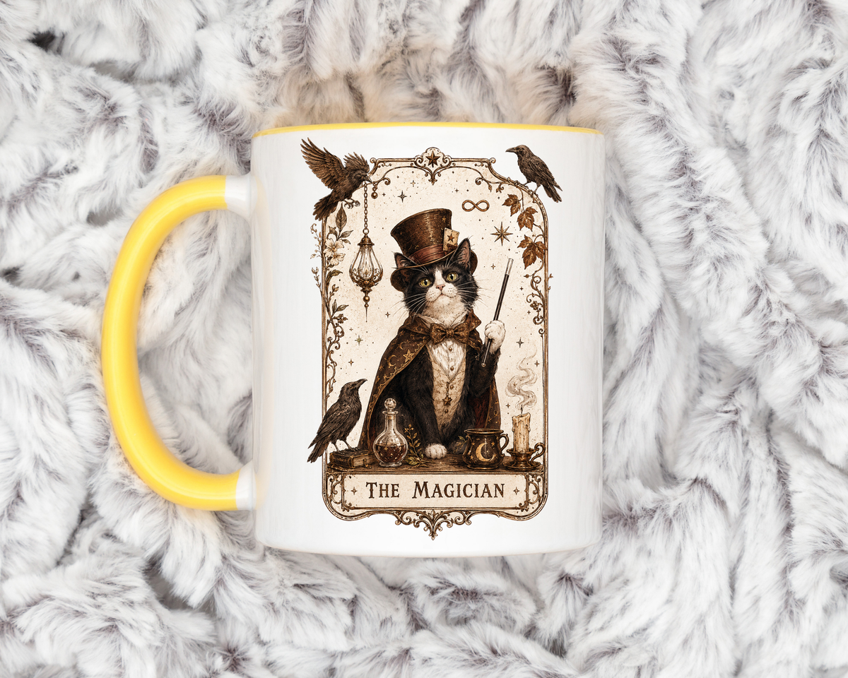 Black Cat Magician Tarot Coffee Mug, Mystic Cat Tarot Card Mug, The Magician Cat Cup, Witchy Gothic Gift for Cat Lovers