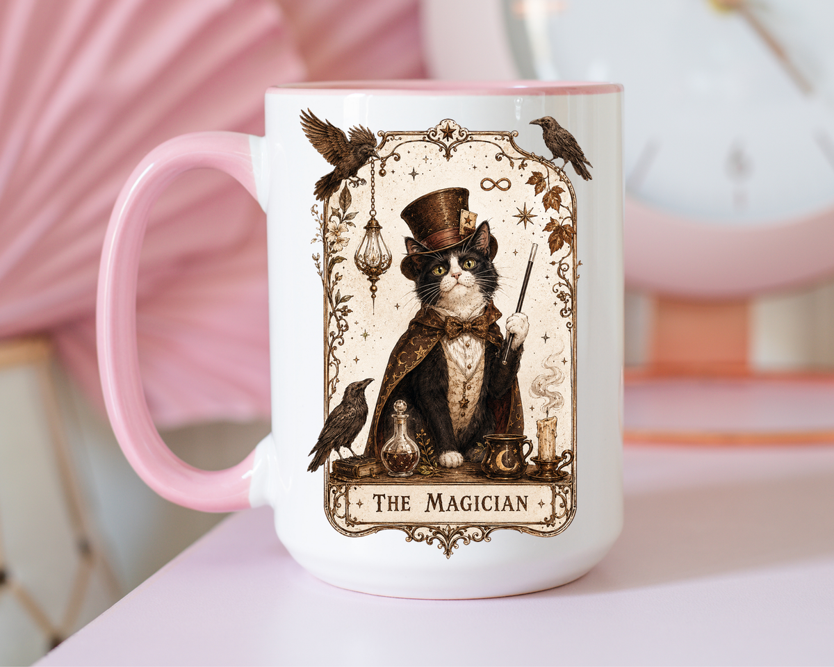 Black Cat Magician Tarot Coffee Mug, Mystic Cat Tarot Card Mug, The Magician Cat Cup, Witchy Gothic Gift for Cat Lovers