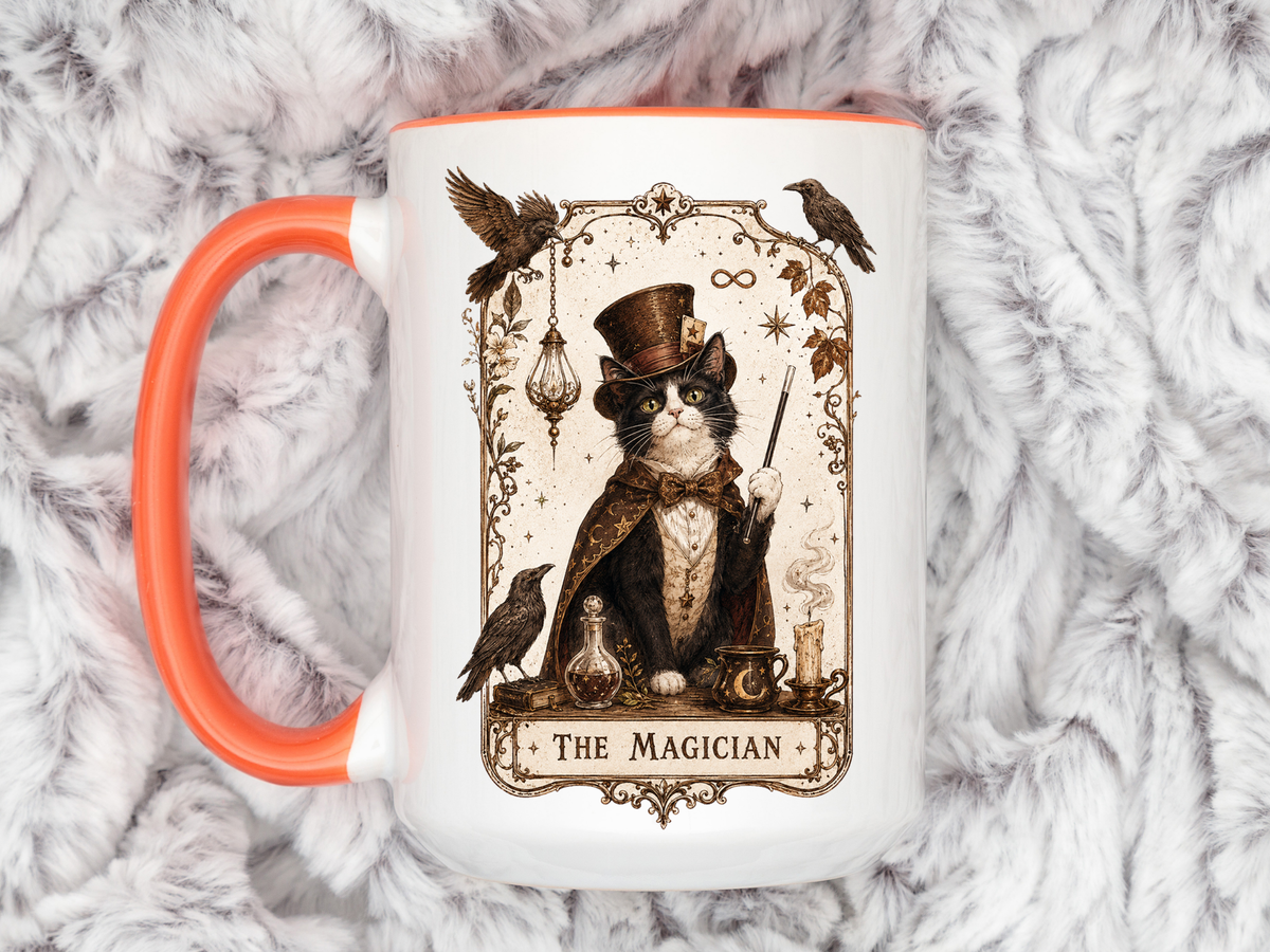 Black Cat Magician Tarot Coffee Mug, Mystic Cat Tarot Card Mug, The Magician Cat Cup, Witchy Gothic Gift for Cat Lovers