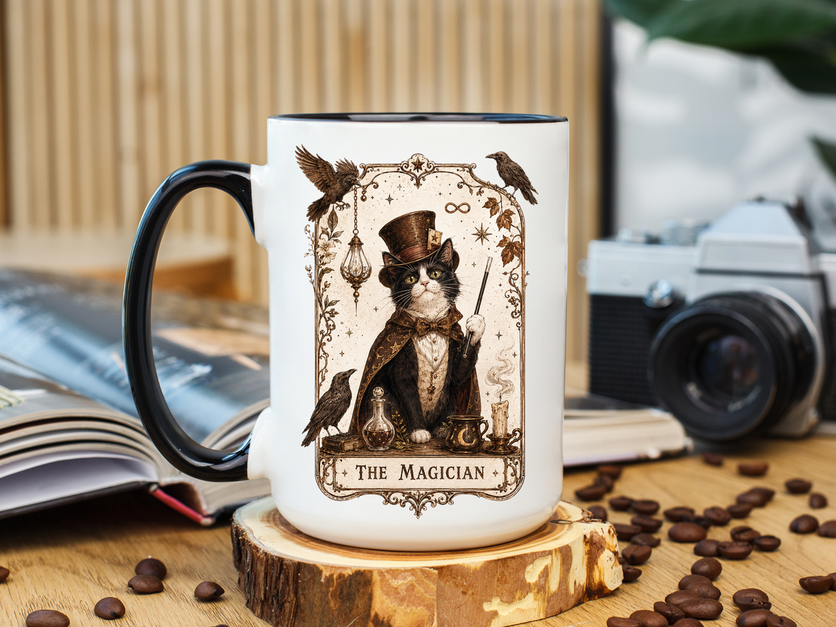 Black Cat Magician Tarot Coffee Mug, Mystic Cat Tarot Card Mug, The Magician Cat Cup, Witchy Gothic Gift for Cat Lovers
