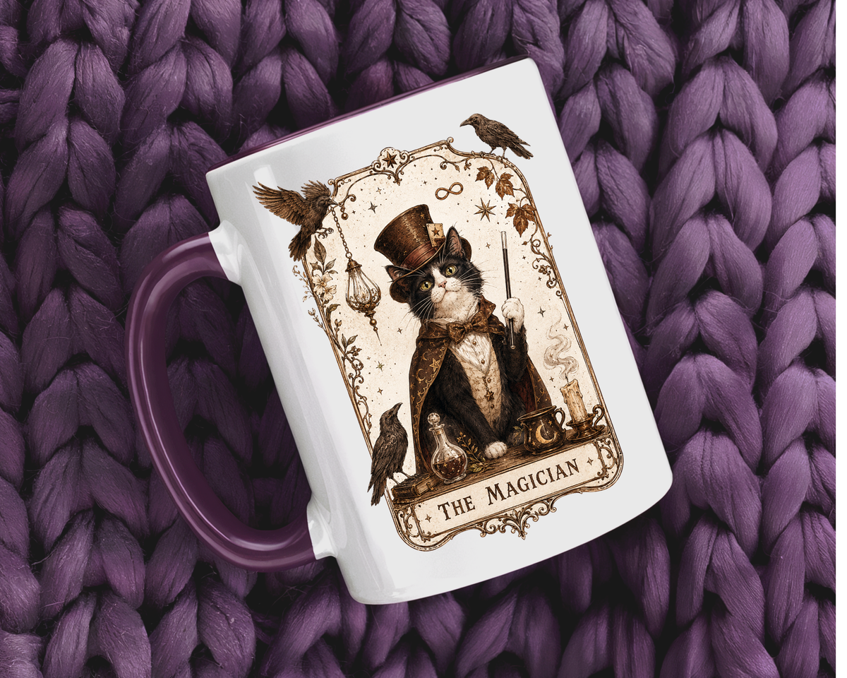 Black Cat Magician Tarot Coffee Mug, Mystic Cat Tarot Card Mug, The Magician Cat Cup, Witchy Gothic Gift for Cat Lovers
