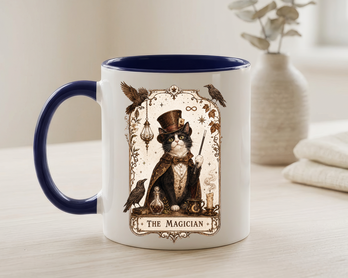Black Cat Magician Tarot Coffee Mug, Mystic Cat Tarot Card Mug, The Magician Cat Cup, Witchy Gothic Gift for Cat Lovers