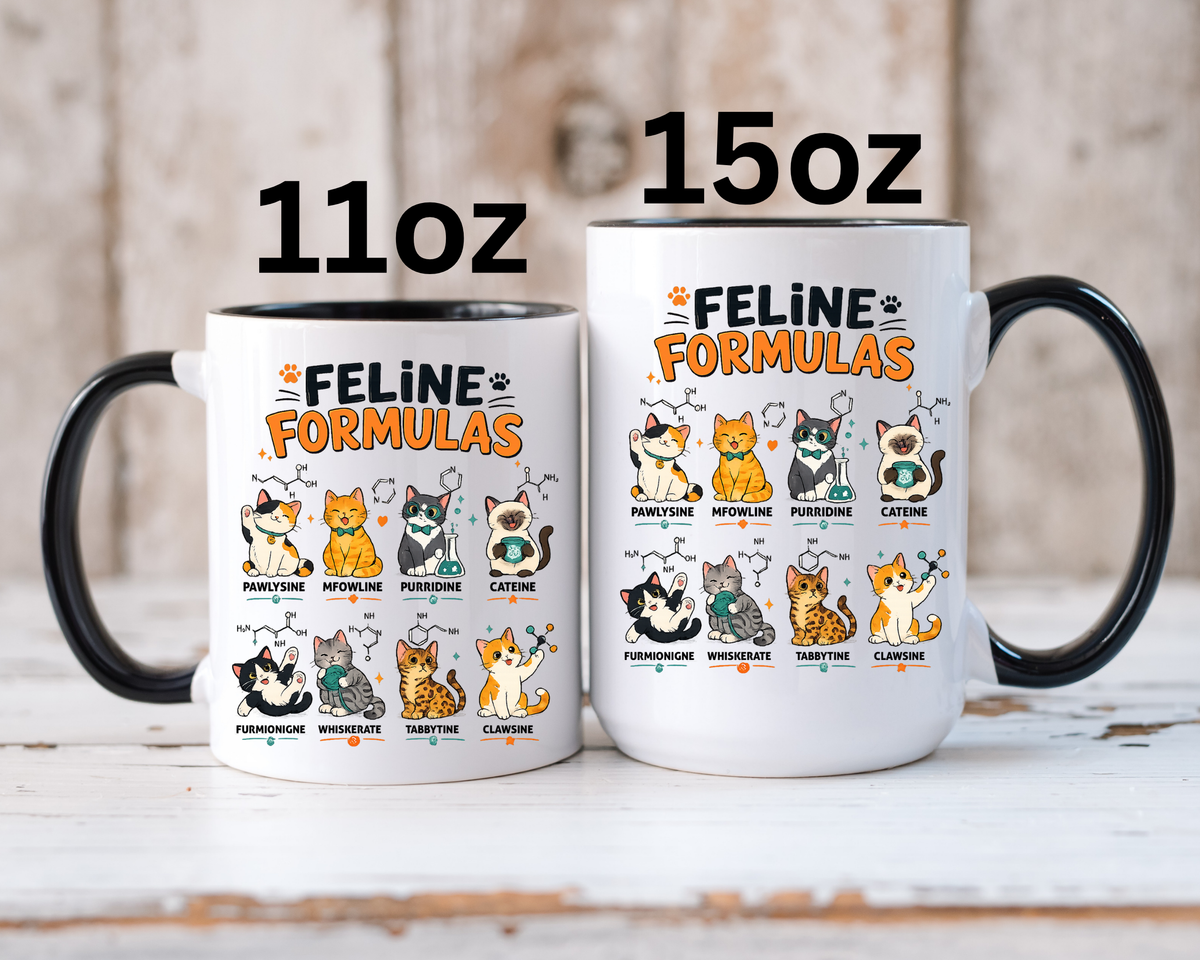 Funny Cat Science Coffee Mug, Feline Formulas Cat Lover Mug, Chemistry Cat Gift, Nerdy Cat Mom Cup for Scientists & Students