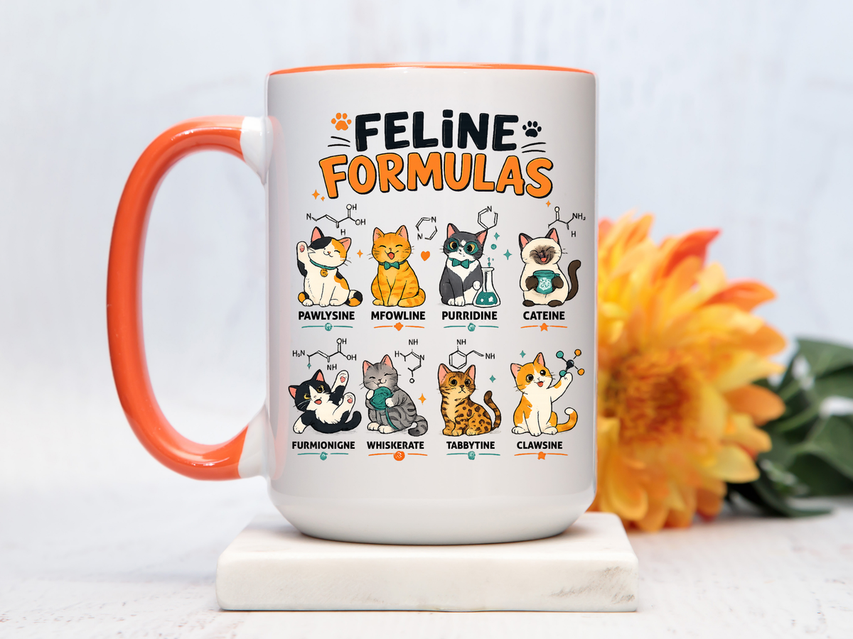 Funny Cat Science Coffee Mug, Feline Formulas Cat Lover Mug, Chemistry Cat Gift, Nerdy Cat Mom Cup for Scientists & Students