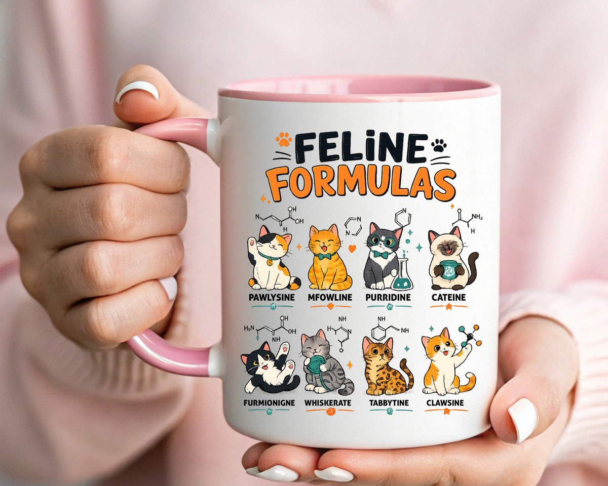 Funny Cat Science Coffee Mug, Feline Formulas Cat Lover Mug, Chemistry Cat Gift, Nerdy Cat Mom Cup for Scientists & Students