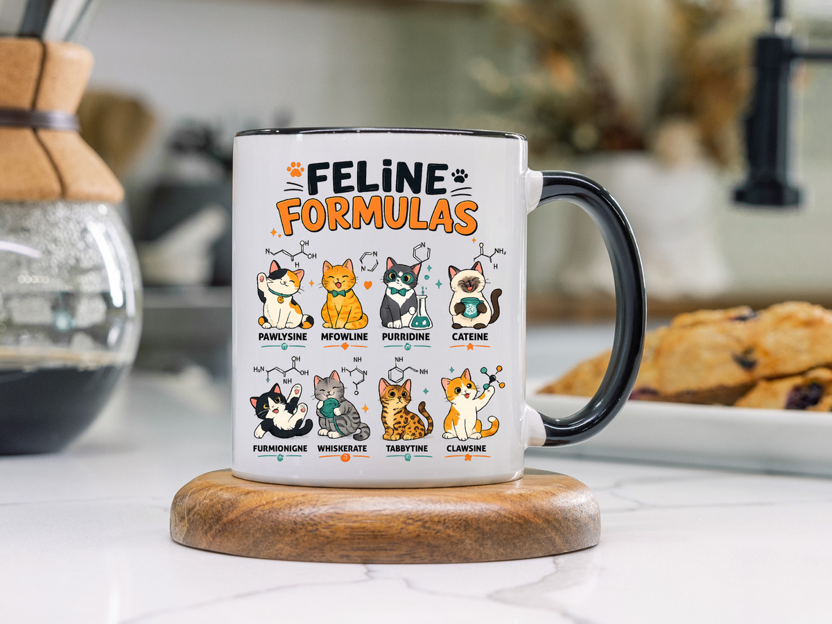 Funny Cat Science Coffee Mug, Feline Formulas Cat Lover Mug, Chemistry Cat Gift, Nerdy Cat Mom Cup for Scientists & Students