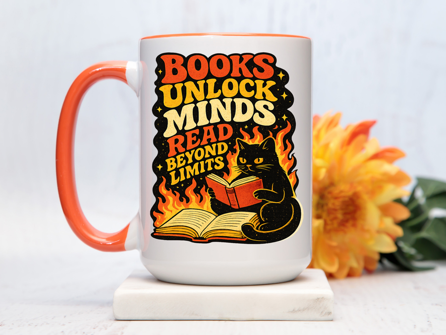 Book Lover Cat Coffee Mug, Reading Cat Mug for Bookworms, Literary Gift for Readers, Librarian Teacher Cup, Books Unlock Minds