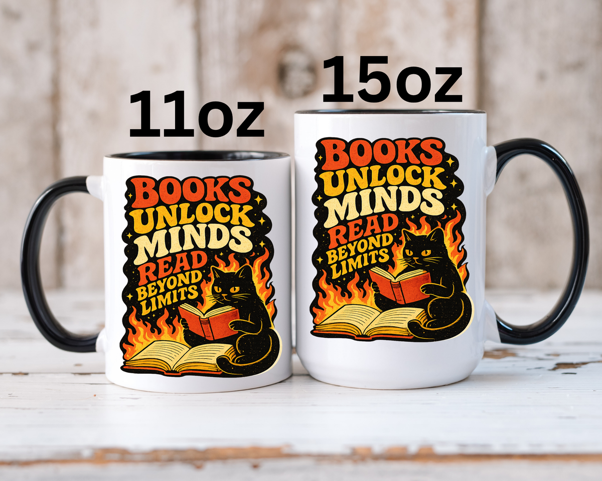 Book Lover Cat Coffee Mug, Reading Cat Mug for Bookworms, Literary Gift for Readers, Librarian Teacher Cup, Books Unlock Minds