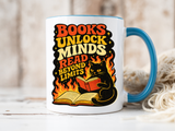 Book Lover Cat Coffee Mug, Reading Cat Mug for Bookworms, Literary Gift for Readers, Librarian Teacher Cup, Books Unlock Minds