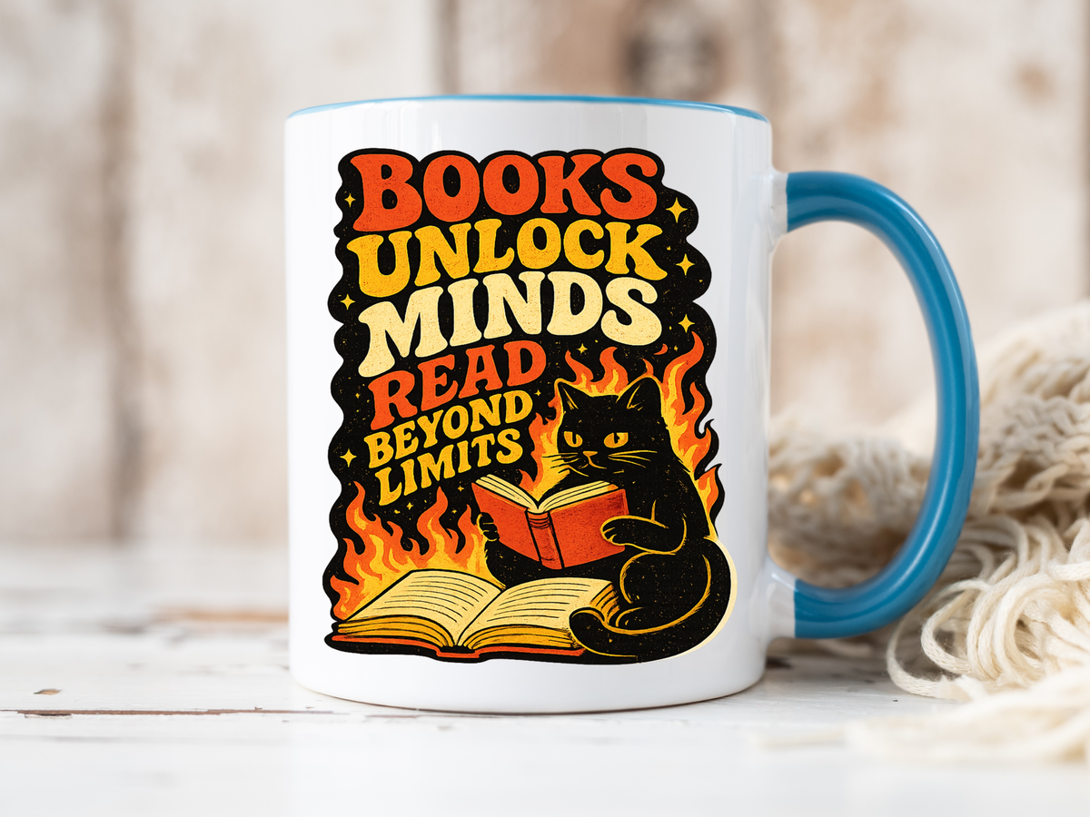 Book Lover Cat Coffee Mug, Reading Cat Mug for Bookworms, Literary Gift for Readers, Librarian Teacher Cup, Books Unlock Minds