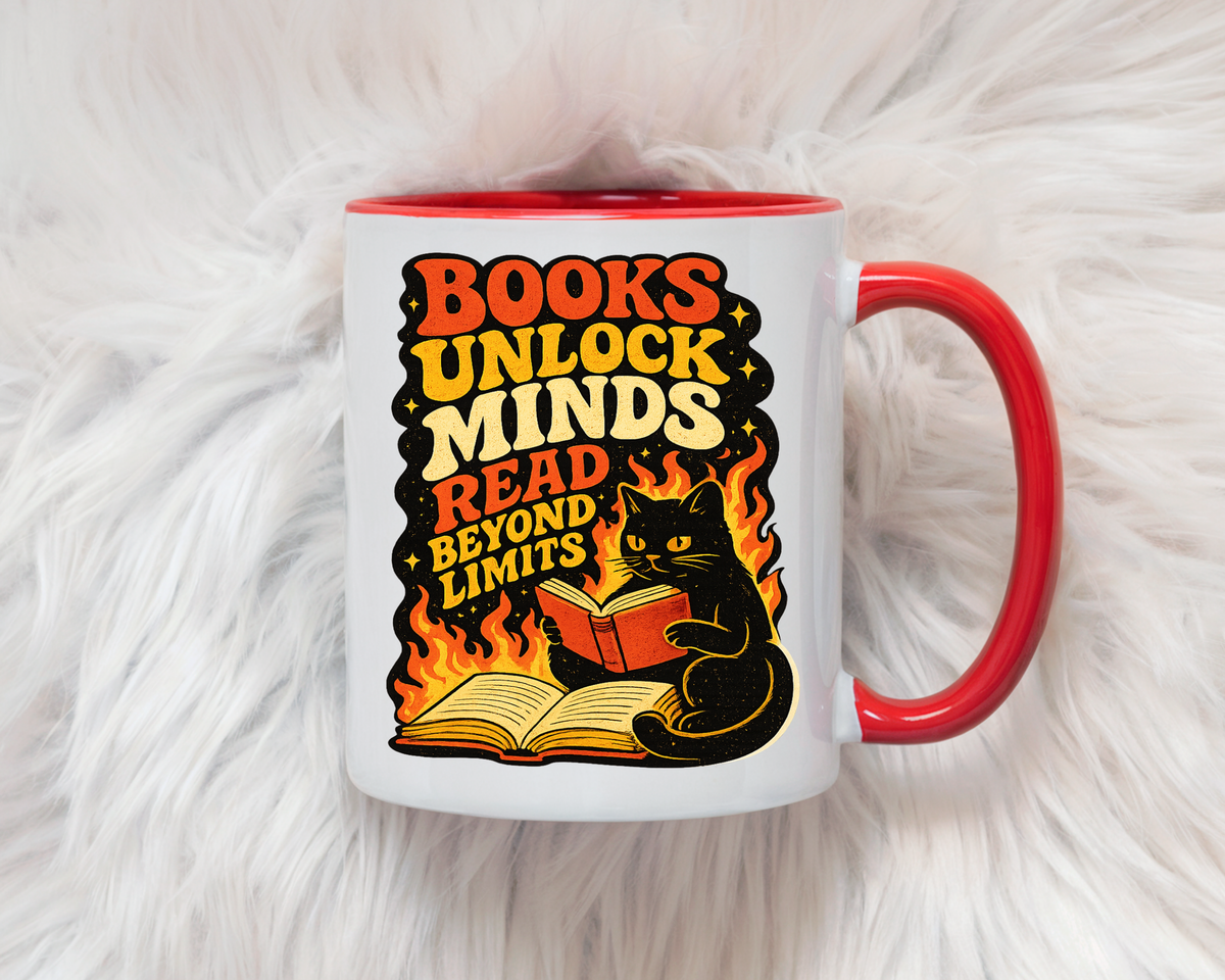 Book Lover Cat Coffee Mug, Reading Cat Mug for Bookworms, Literary Gift for Readers, Librarian Teacher Cup, Books Unlock Minds