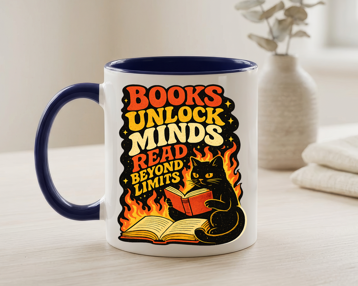 Book Lover Cat Coffee Mug, Reading Cat Mug for Bookworms, Literary Gift for Readers, Librarian Teacher Cup, Books Unlock Minds