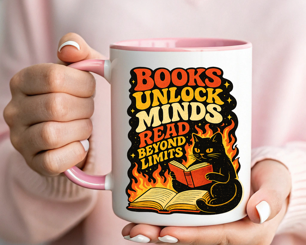 Book Lover Cat Coffee Mug, Reading Cat Mug for Bookworms, Literary Gift for Readers, Librarian Teacher Cup, Books Unlock Minds