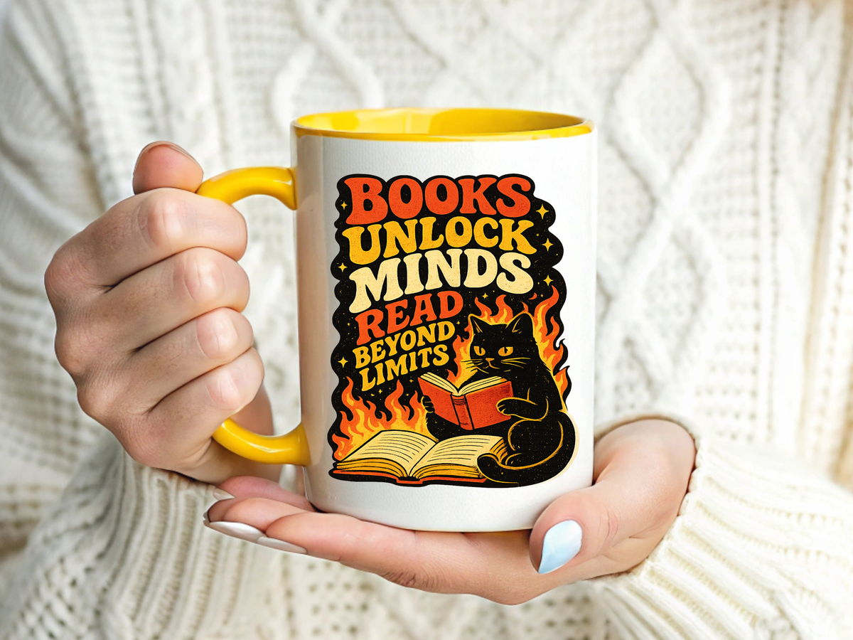 Book Lover Cat Coffee Mug, Reading Cat Mug for Bookworms, Literary Gift for Readers, Librarian Teacher Cup, Books Unlock Minds