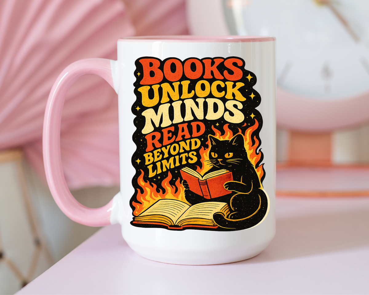Book Lover Cat Coffee Mug, Reading Cat Mug for Bookworms, Literary Gift for Readers, Librarian Teacher Cup, Books Unlock Minds