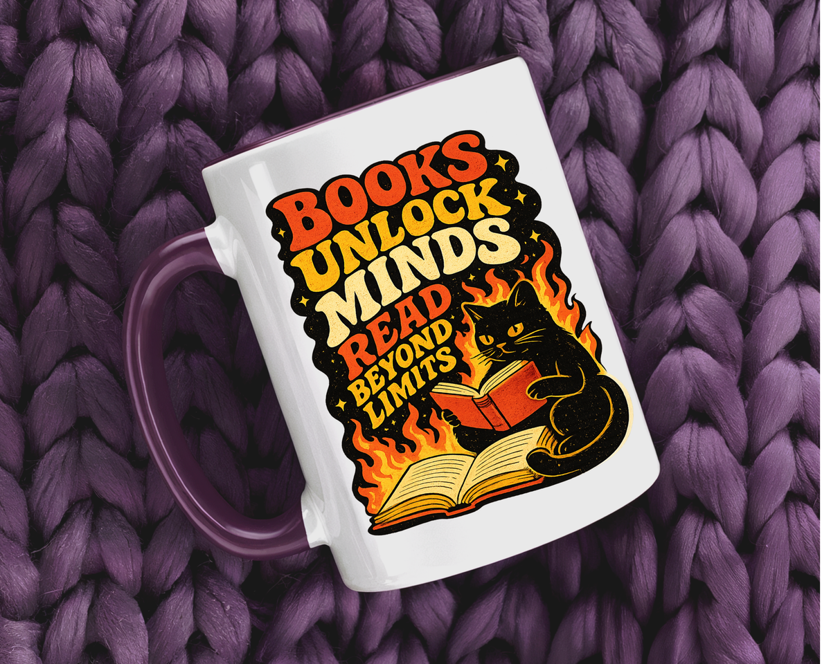 Book Lover Cat Coffee Mug, Reading Cat Mug for Bookworms, Literary Gift for Readers, Librarian Teacher Cup, Books Unlock Minds
