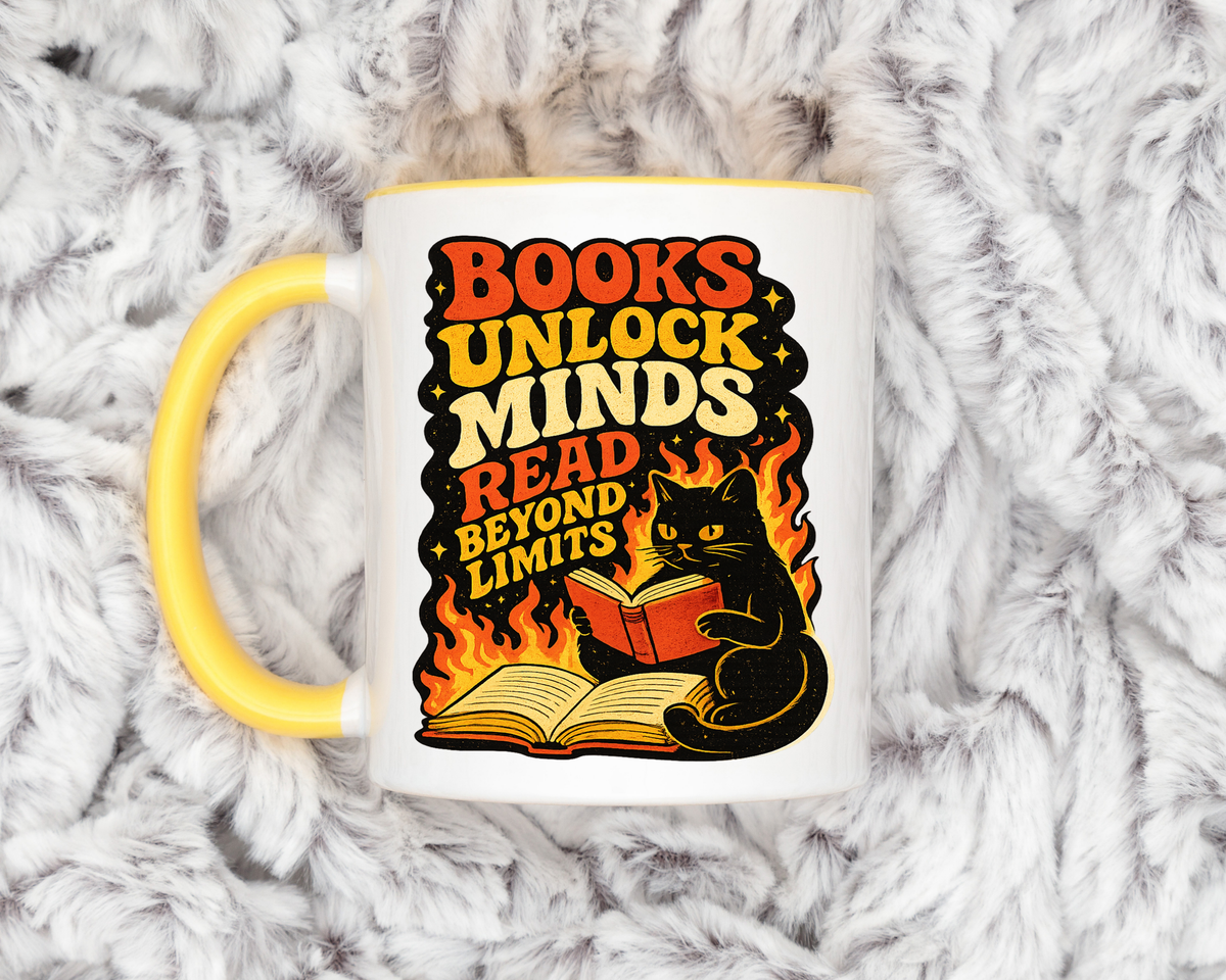 Book Lover Cat Coffee Mug, Reading Cat Mug for Bookworms, Literary Gift for Readers, Librarian Teacher Cup, Books Unlock Minds