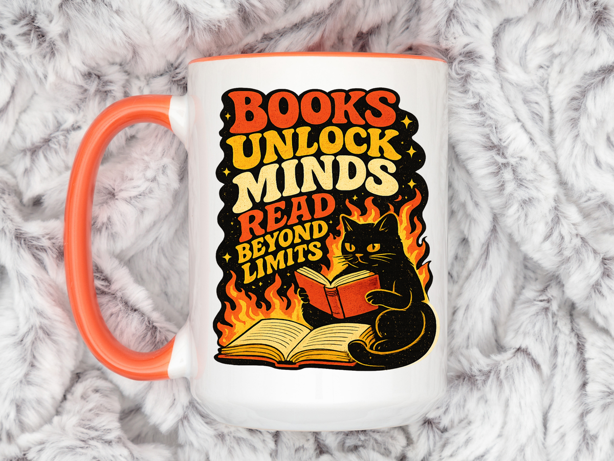 Book Lover Cat Coffee Mug, Reading Cat Mug for Bookworms, Literary Gift for Readers, Librarian Teacher Cup, Books Unlock Minds
