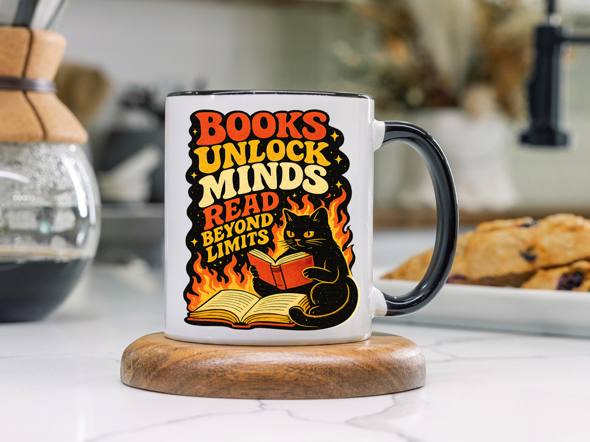 Book Lover Cat Coffee Mug, Reading Cat Mug for Bookworms, Literary Gift for Readers, Librarian Teacher Cup, Books Unlock Minds