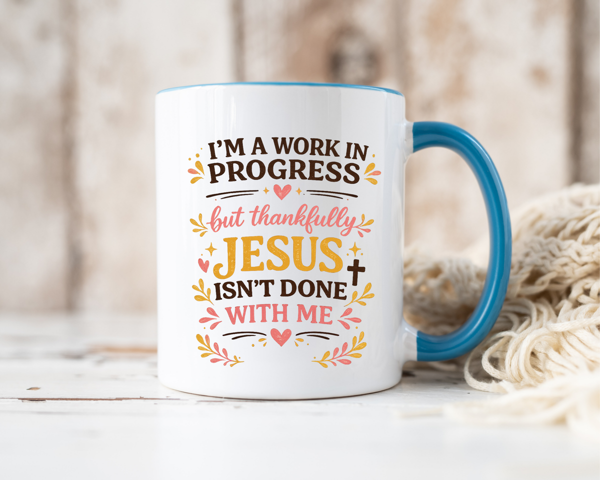 I'm a Work in Progress Christian Coffee Mug, Encouraging Faith Gift for Women, Inspirational Jesus Scriptures Ceramic Tea Cup, Religious Quote