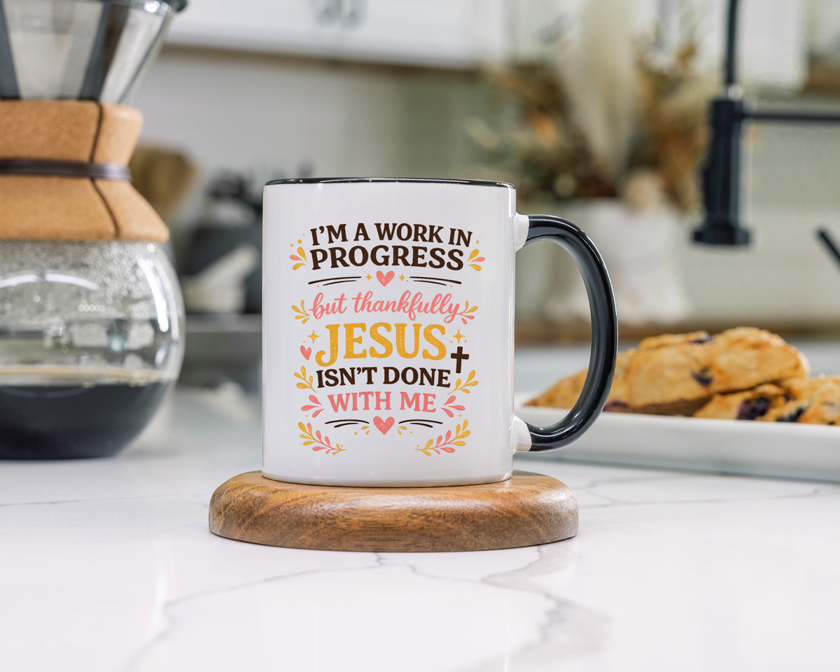I'm a Work in Progress Christian Coffee Mug, Encouraging Faith Gift for Women, Inspirational Jesus Scriptures Ceramic Tea Cup, Religious Quote