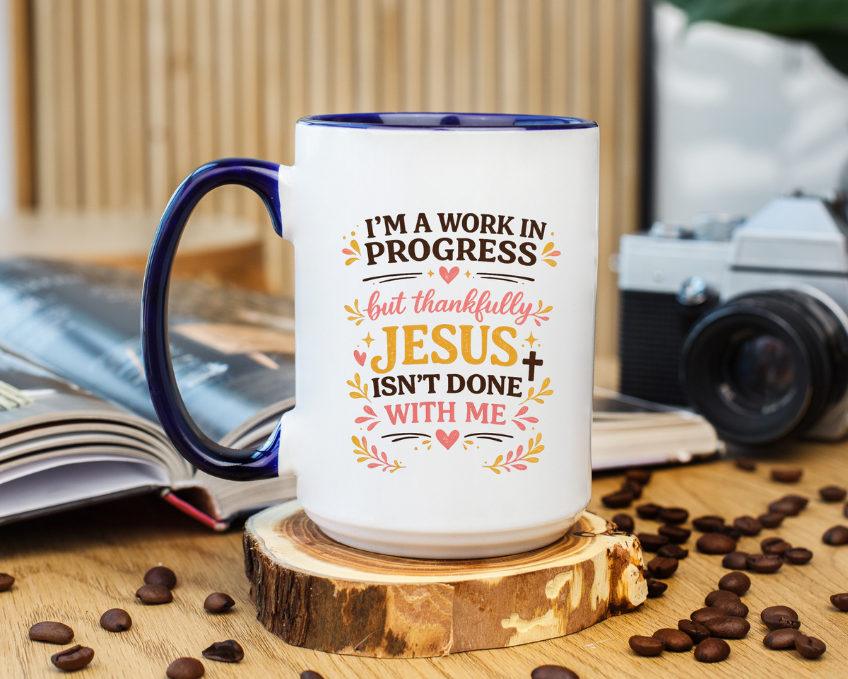 I'm a Work in Progress Christian Coffee Mug, Encouraging Faith Gift for Women, Inspirational Jesus Scriptures Ceramic Tea Cup, Religious Quote