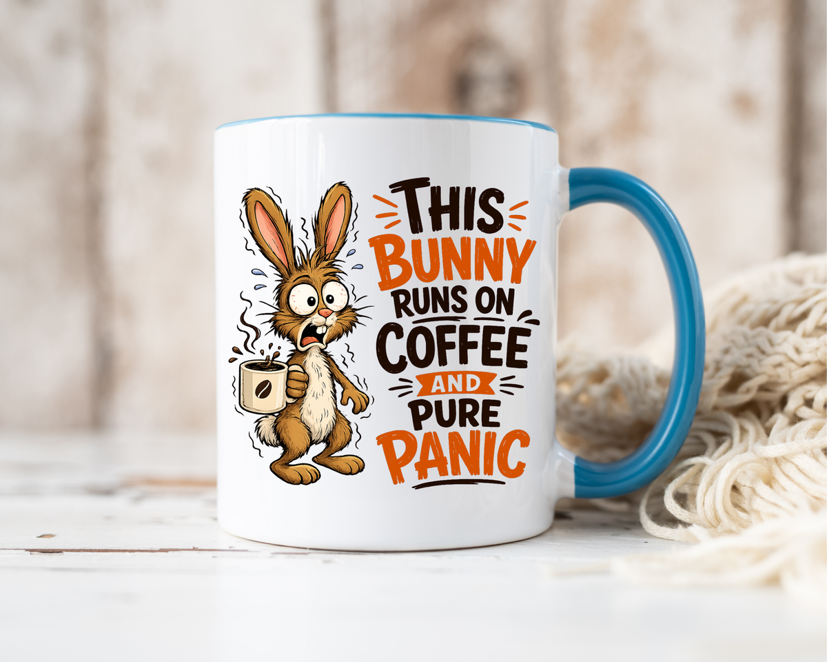 This Bunny Runs on Coffee and Pure Panic Coffee Mug, Funny Rabbit Lover Gift for Friends, Cute Sarcastic Ceramic Tea Cup with Black Handle