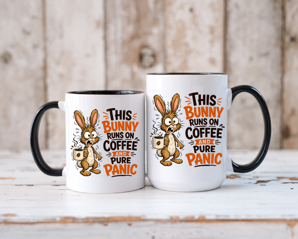 This Bunny Runs on Coffee and Pure Panic Coffee Mug, Funny Rabbit Lover Gift for Friends, Cute Sarcastic Ceramic Tea Cup with Black Handle