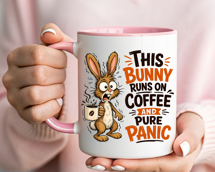 This Bunny Runs on Coffee and Pure Panic Coffee Mug, Funny Rabbit Lover Gift for Friends, Cute Sarcastic Ceramic Tea Cup with Black Handle