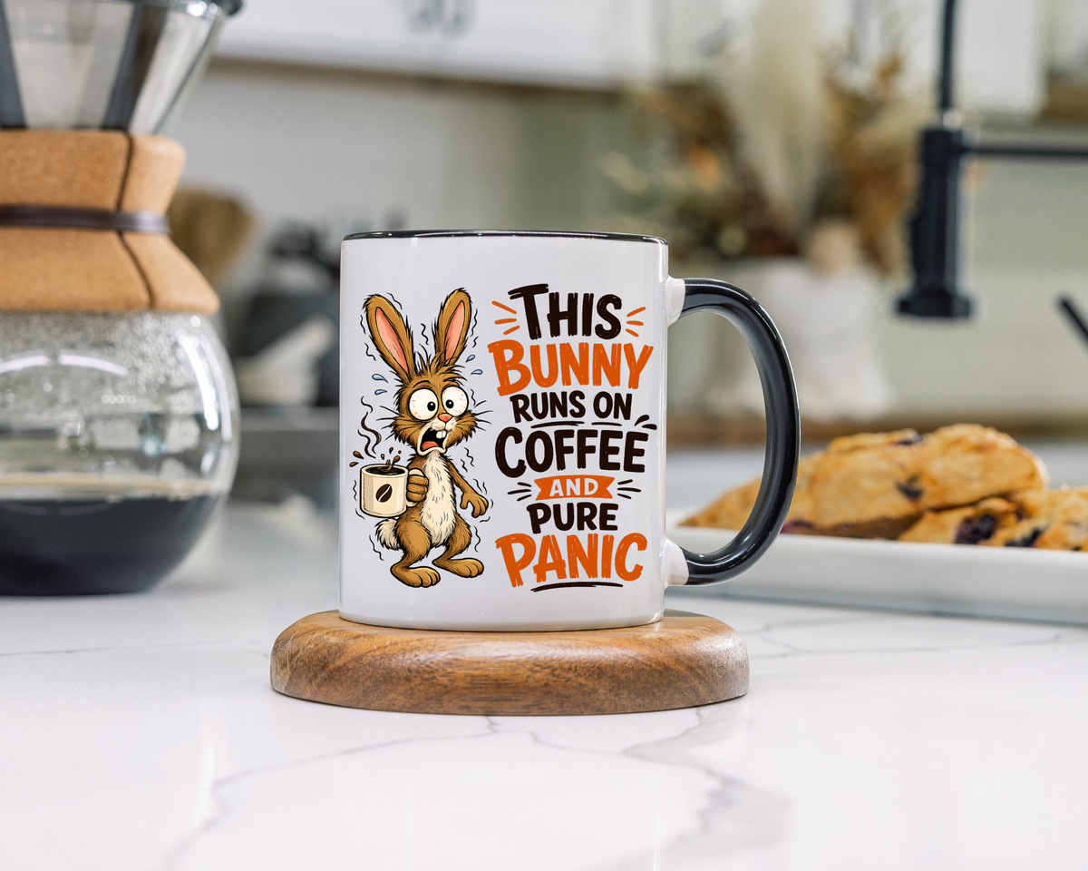 This Bunny Runs on Coffee and Pure Panic Coffee Mug, Funny Rabbit Lover Gift for Friends, Cute Sarcastic Ceramic Tea Cup with Black Handle